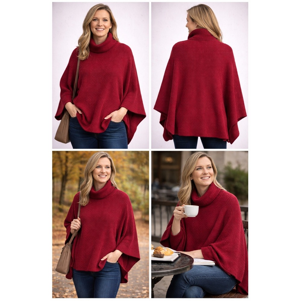 Icewear Sweater‎ Womens One Size Red Ribbed Icelandic Wool Poncho Cape Poncho